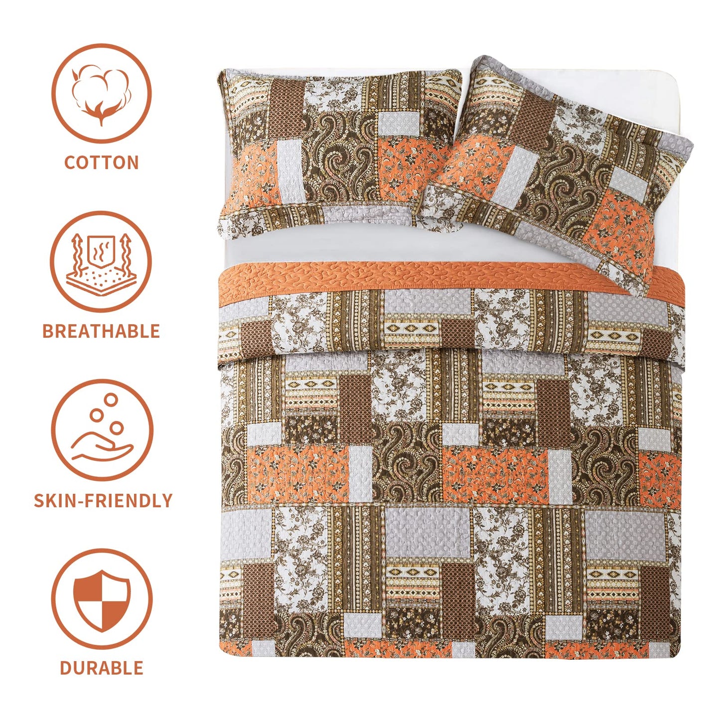 BEDIFANY Farmhouse Cotton Quilts Queen Size for Fall - Lightweight Patchwork Autumn Bedspread Set for Bed Coverlet - Highly-Woven Soft Reversible Bed Spread for All Seasons (Floral Orange) 3 Pieces