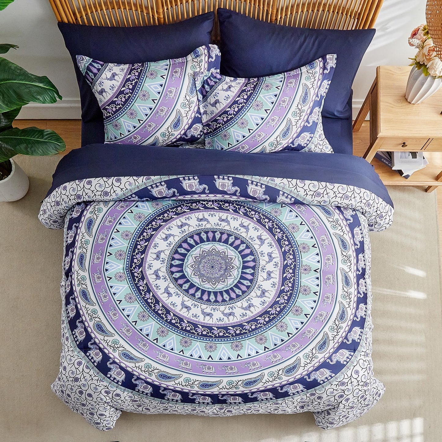 Boho Comforter Sheet Set Bohemian Bed in a Bag Queen Size Bedding Set, Purple Elephant Paisley Circle 7pc Bedding Set (1 Comforter 2 Pillow Shams 1 Pink Flat Sheet 1 Fitted Sheet 2 Pillowcases)