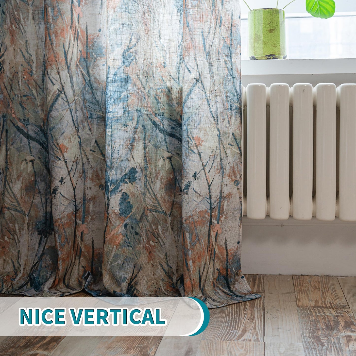 MEETSKY Living Room Curtains 95 Inch Length - Branches Pattern Printed Sheer Curtain Linen Texture Modern Drapes Light Filtering Grommet Window Curtain Panels for Bedroom Dining Room, Blue & Orange