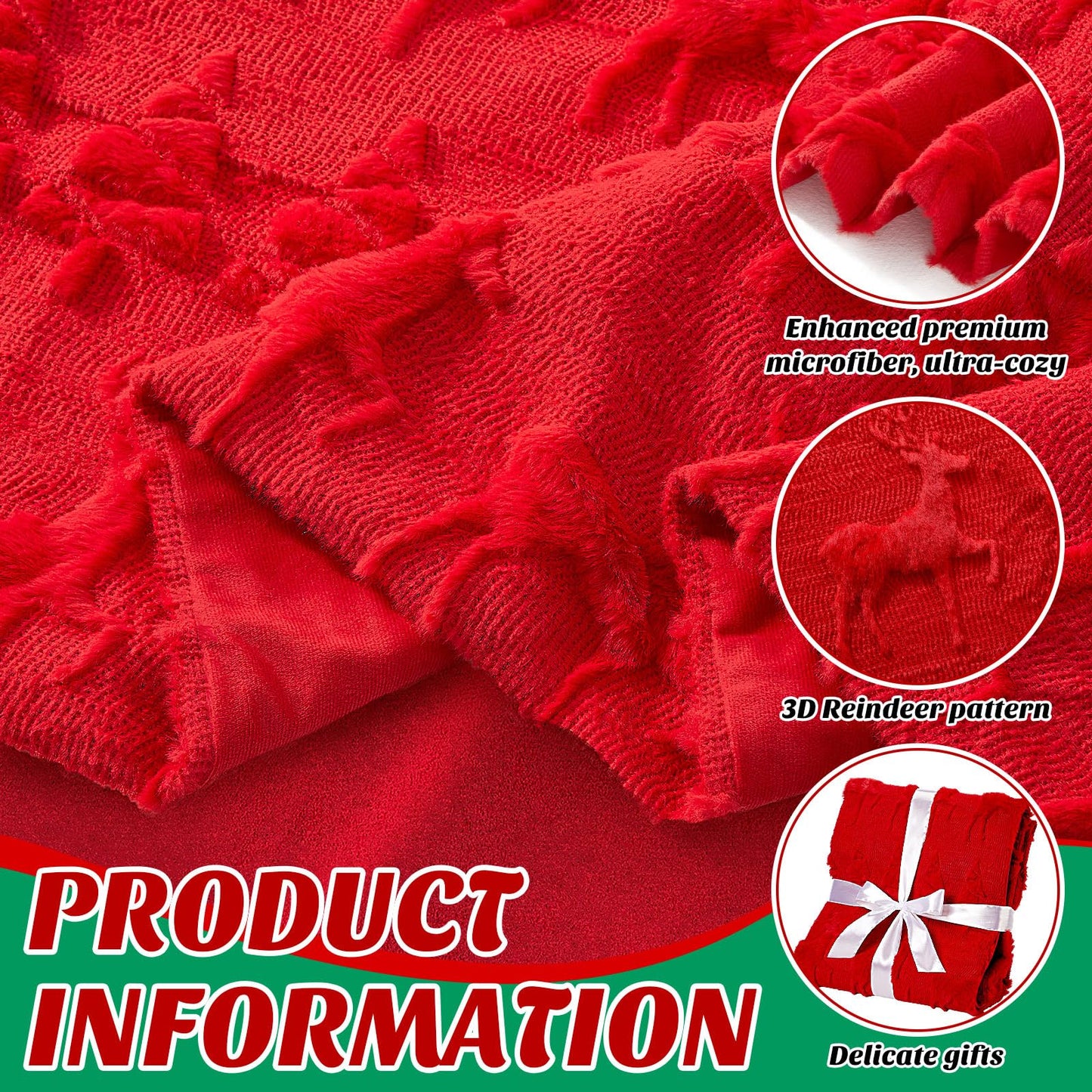 Tegeme Christmas Throw Blanket 3D Red Christmas Reindeer Throw Blanket 50" x 60" Winter Xmas Holidays Dutch Velvet Faux Rabbit Fur Decorations Cozy Soft Lightweight Gift for Home Living Room Bed Sofa