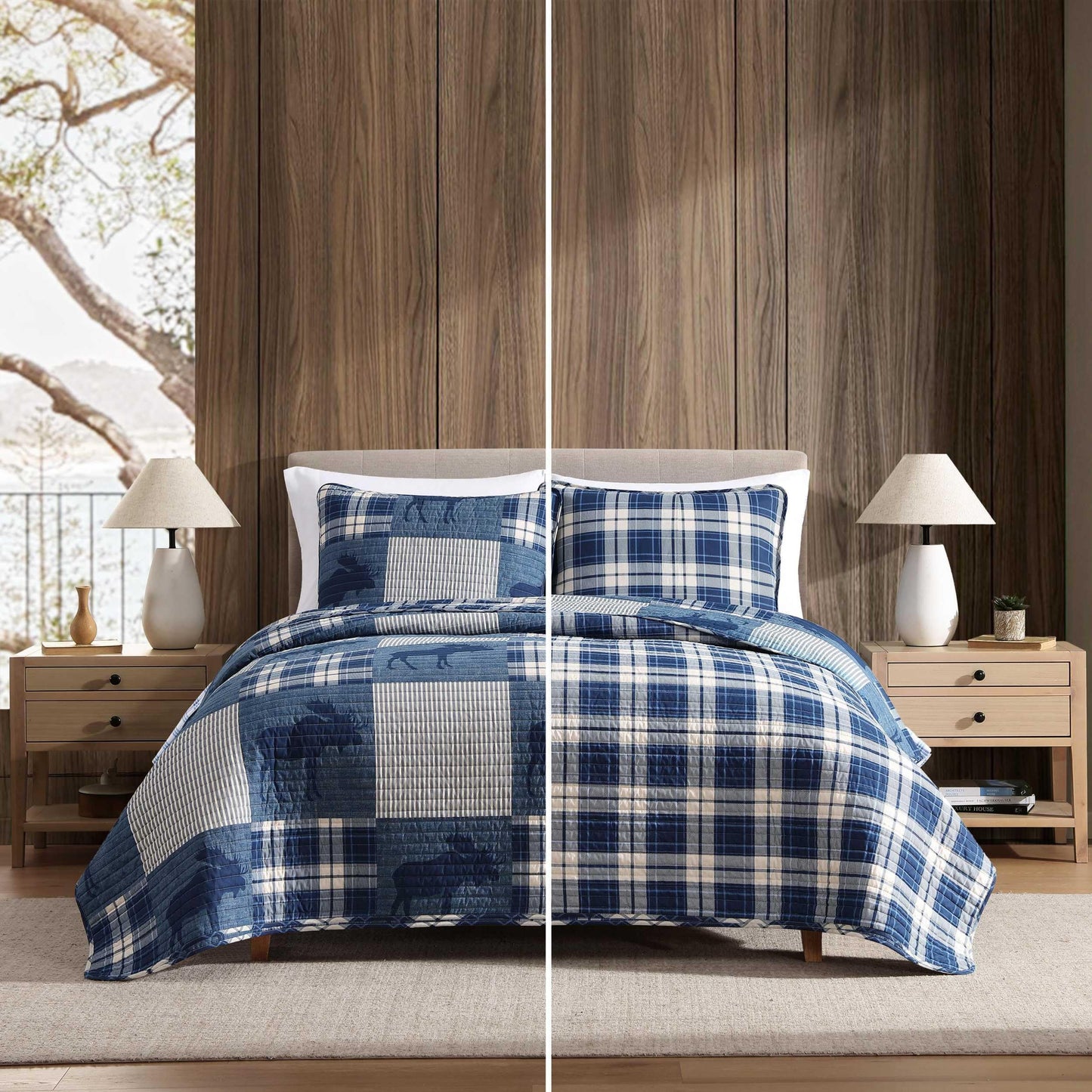 Eddie Bauer - King Quilt Set, Naturally Soft Cotton Bedding w/a Lightweight Feel for All-Year Comfort, Reversible w/Matching Pillowcases, 3 Piece Bed Set (Moose Plaid/Pinstripe/Patchwork Blue)