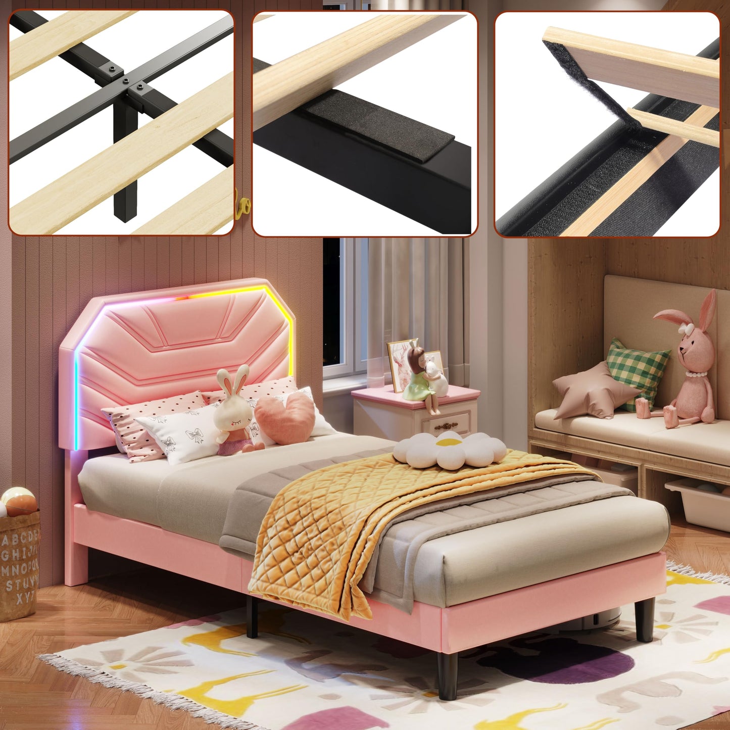 LIKIMIO Twin Bed Frames with LED Light Headboard, Upholstered Modern Cama Twin Platform Bed Frame with Heavy Duty Supports, No Box Spring Need, Noise Free, Easy Assembly, Princess Pink