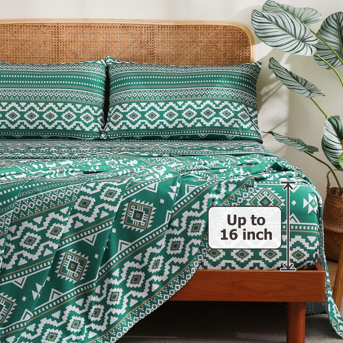 CozySmile 4 Pieces King Sheet Set Bohemian, Boho Sheets Soft Microfiber Deep Pocket, Western Sheets Geometric(King, Emerald Green)