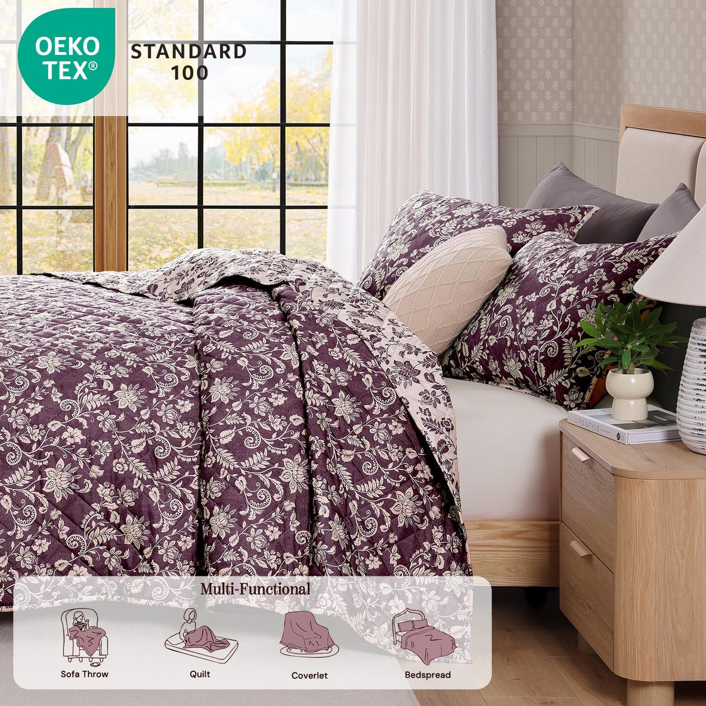 BLOOMHAVEN Quilt Set King Size, Italian Plum Floral Quilt Sets, Reversible Bedspread Lightweight and Breathable for All Seasons, Soft Quilted Bedspread with 2 Pillow Shams