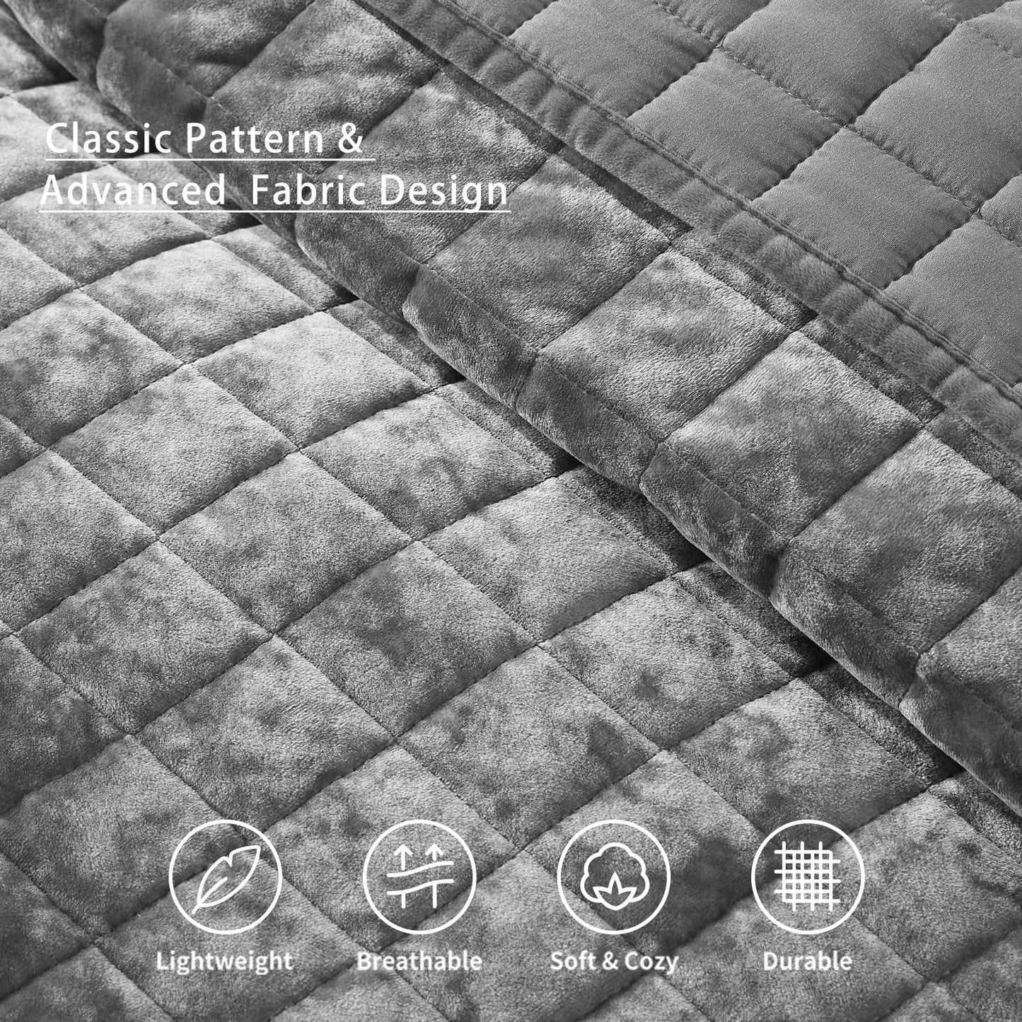 LEAONME Velvet Quilt California King-118''x106'', Lightweight Grey Velvet Comforter Set with 2 Pillow Shams, Soft Oversized Bedspread Coverlet Quilted Bedding Set for All Season