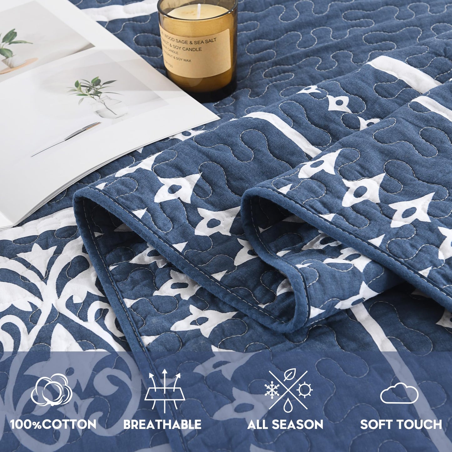 BCOTTOND Quilt Set 100% Cotton Boho Striped King Quilt,Navy Blue Quilt King Size Bohemian Pattern King Bedspread Lightweight All Season 3 Piece