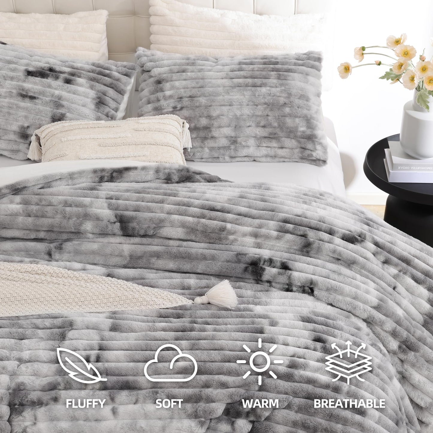Smoofy Fluffy King Size Comforter Set 3 Pieces - Tie-dye Grey Fleece Fluffy Comforter Set, Luxury Fuzzy King Bedding Set, Soft King Bed Set All Season, Heavy Faux Fur Comforter with 2 Pillow Cases
