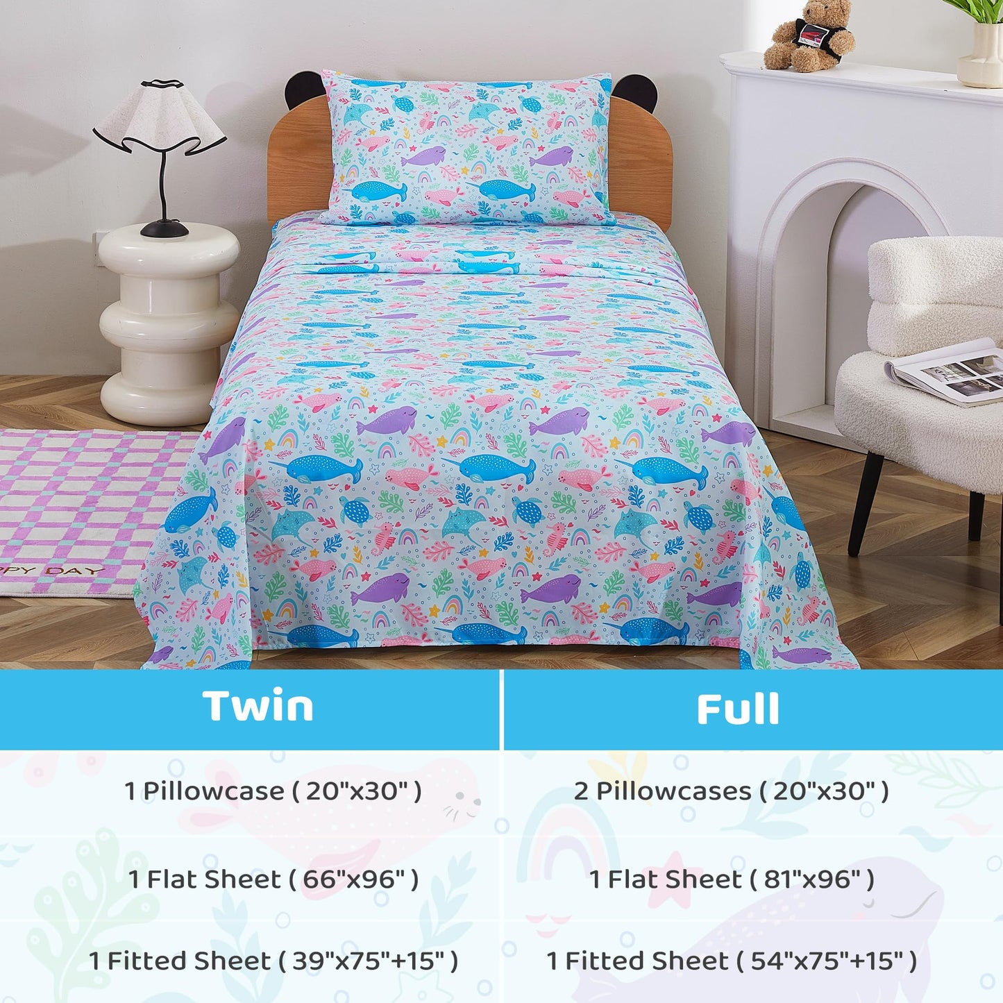 Viviland 3 Pieces Girls Blue Marine Twin Sheet Set - Soft Microfiber Fitted Flat Sheets & Pillowcase Bed Sheet Set - Colorful Marine Animals Print Bedding Sets for Kids