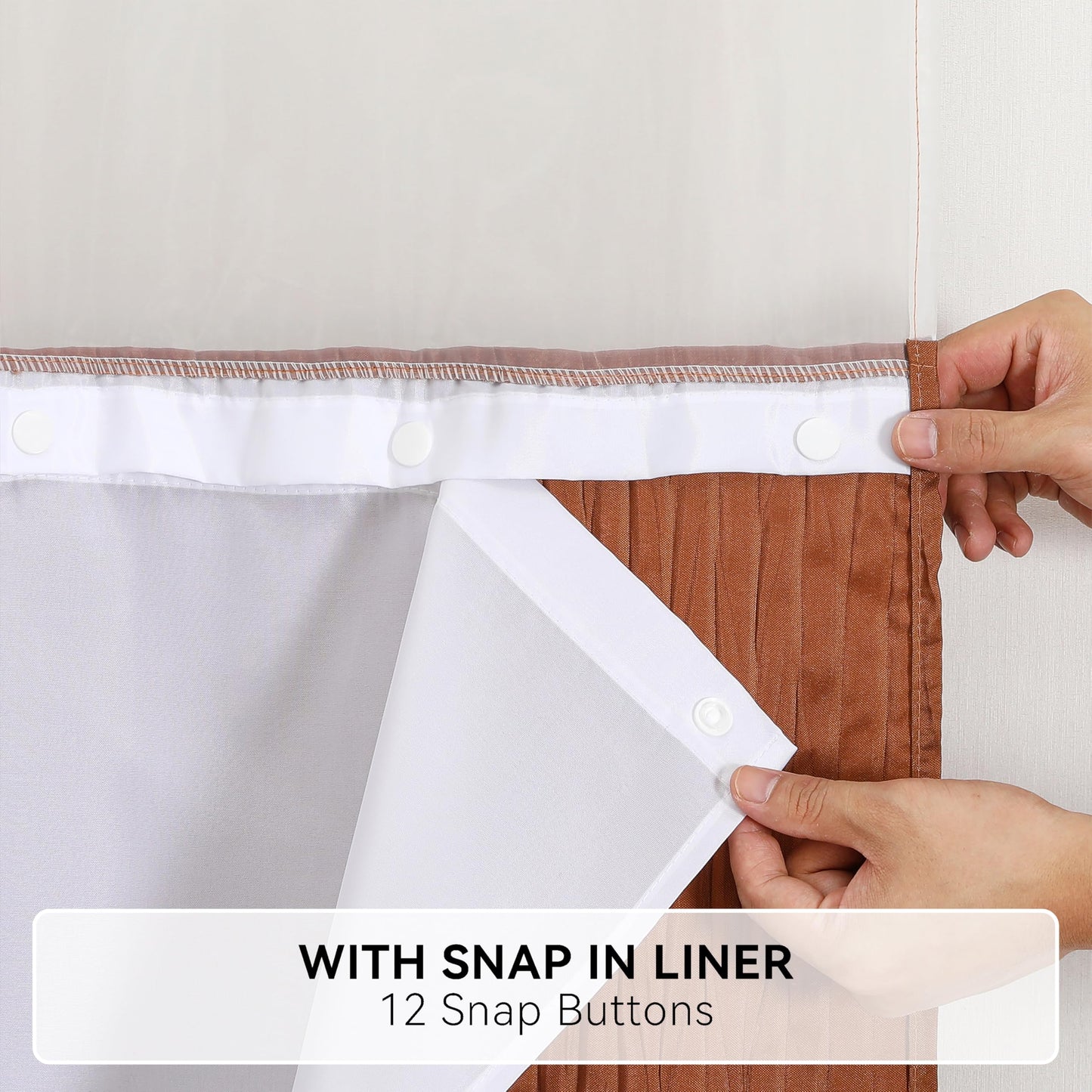 HONCO DIRECT Caramel Ruffle Shower Curtain with Crumpled Texture & Snap -in Liner - No Hooks Required Bathroom Luxury Decor, 72"x72" Waterproof Fabric with Privacy Top Window