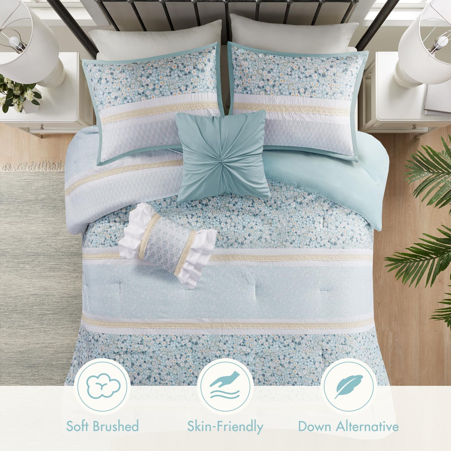 Madison Park Comforter Set, Seersucker Floral King Size Comforter Sets, Microfiber Comforters, All Season Lightweight Comforter, Throw Pillows, Caralie, King/Cal King Aqua 5 Piece