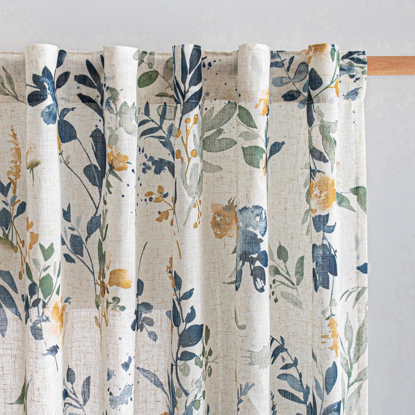 MYSKY HOME Floral Linen Curtains 84 Inch Long Set of 2 for Living/Dining Room Semi Sheer Light Filtering Farmhouse Flower Patterned Back Tab Drapes, Yellow and Blue, W50 Each Panel