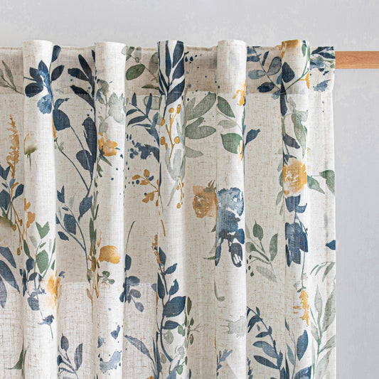 MYSKY HOME Floral Linen Curtains 84 Inch Long Set of 2 for Living/Dining Room Semi Sheer Light Filtering Farmhouse Flower Patterned Back Tab Drapes, Yellow and Blue, W50 Each Panel