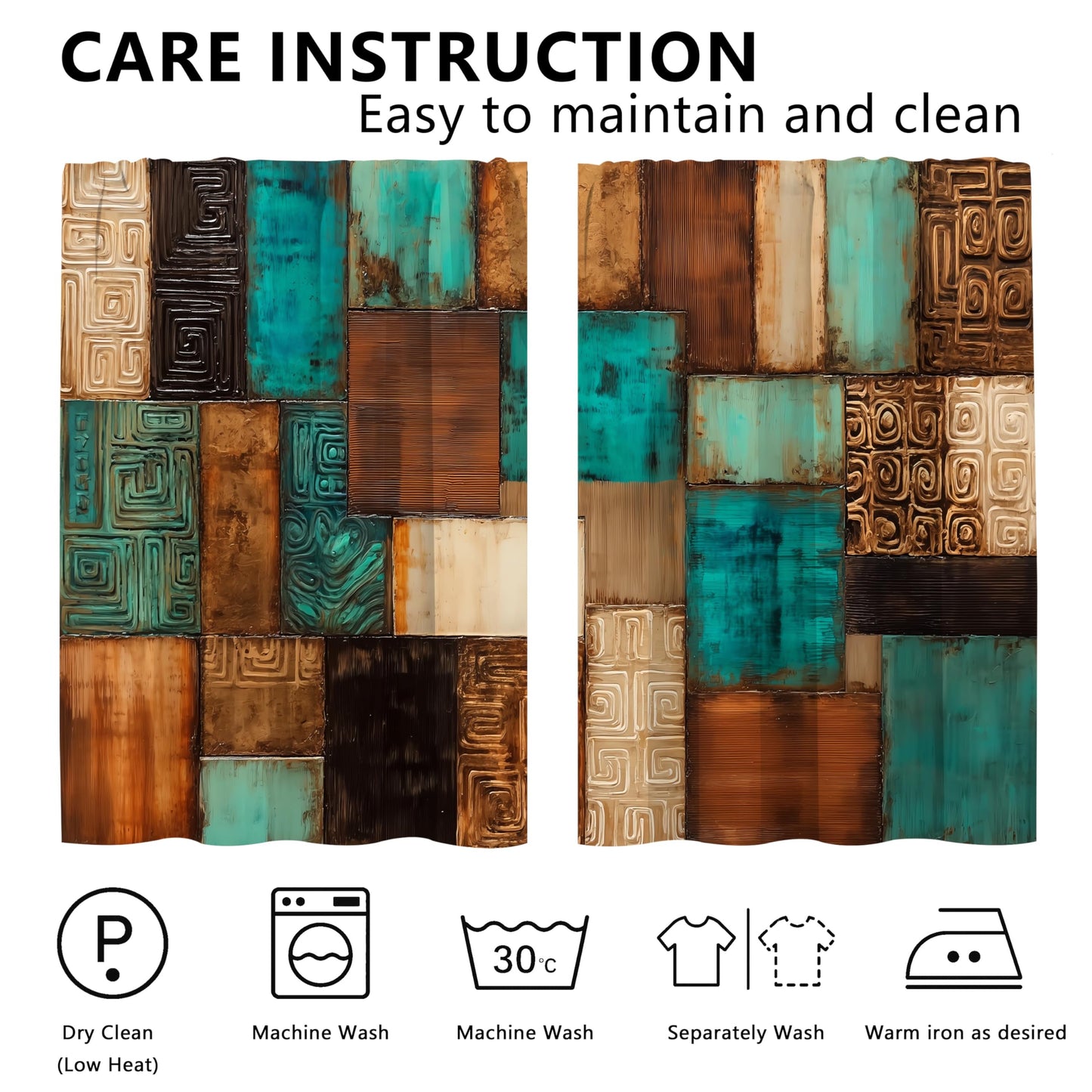 bassyil Vintage Geometric Teal Kitchen Curtains Cafe Curtains for Bathroom Dining Room Living Room Farmhouse Pocket Window Drapes 2 Panels Set Blackout Curtain 28"x36"