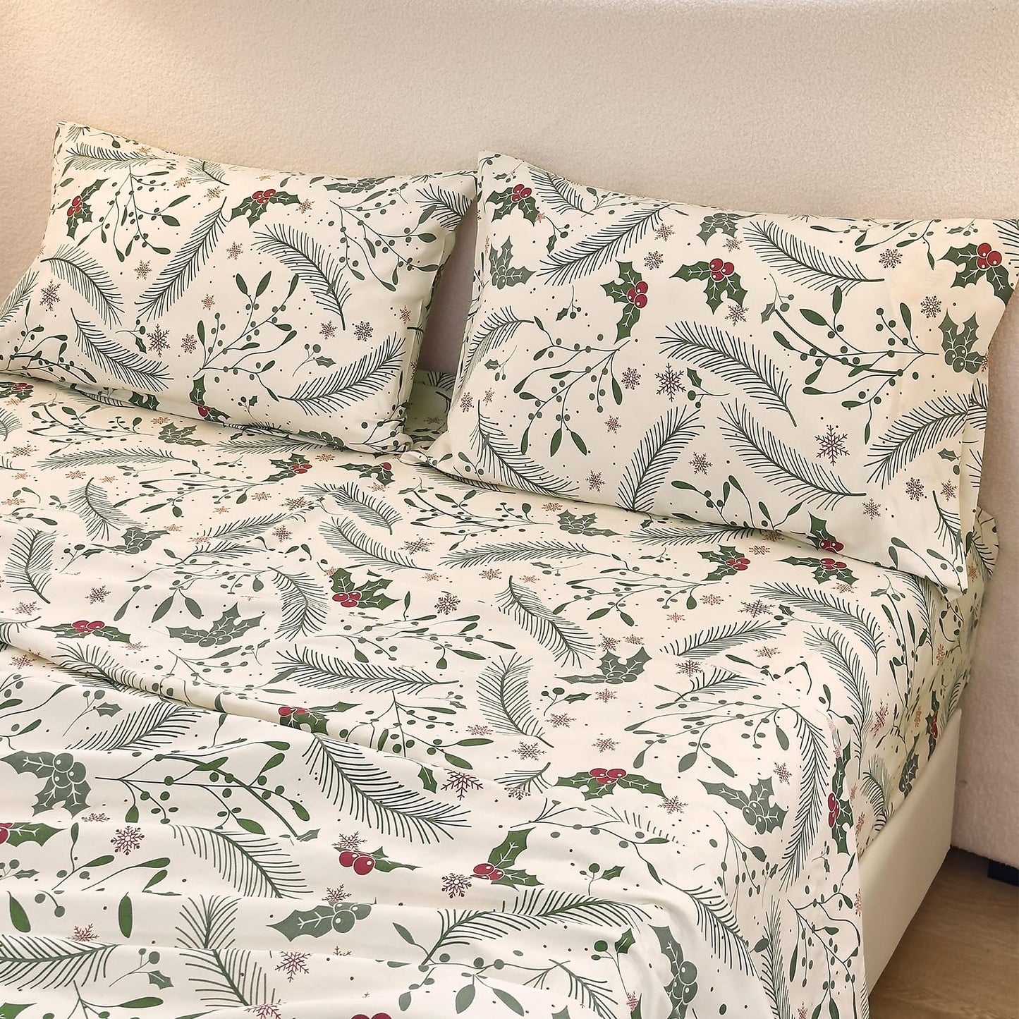 MICORAL Boho Floral Queen Sheet Set, 4-Piece Printed Botanical Bed Sheets, 16" Deep Pocket, Ultra Soft & Cooling Sheet, Oeko-TEX Certified, Beige Plants