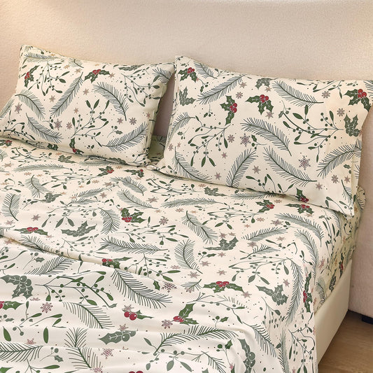 MICORAL Boho Floral Queen Sheet Set, 4-Piece Printed Botanical Bed Sheets, 16" Deep Pocket, Ultra Soft & Cooling Sheet, Oeko-TEX Certified, Beige Plants
