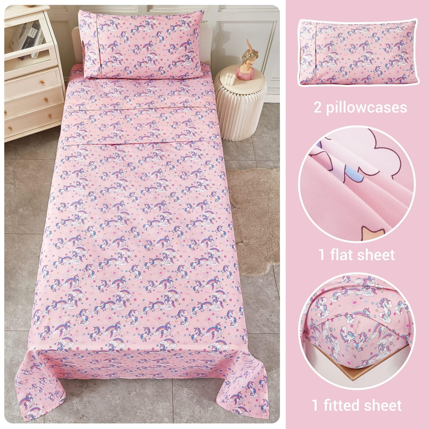 Softan Kids Bed Sheet Set, 4-Piece Full Size Sheets, Microfiber Fitted Sheet with 15 Inches Deep Pocket and Corner Straps, Breathable & Silky Soft Pink Unicorn Pattern Sheet and Pillowcase Sets