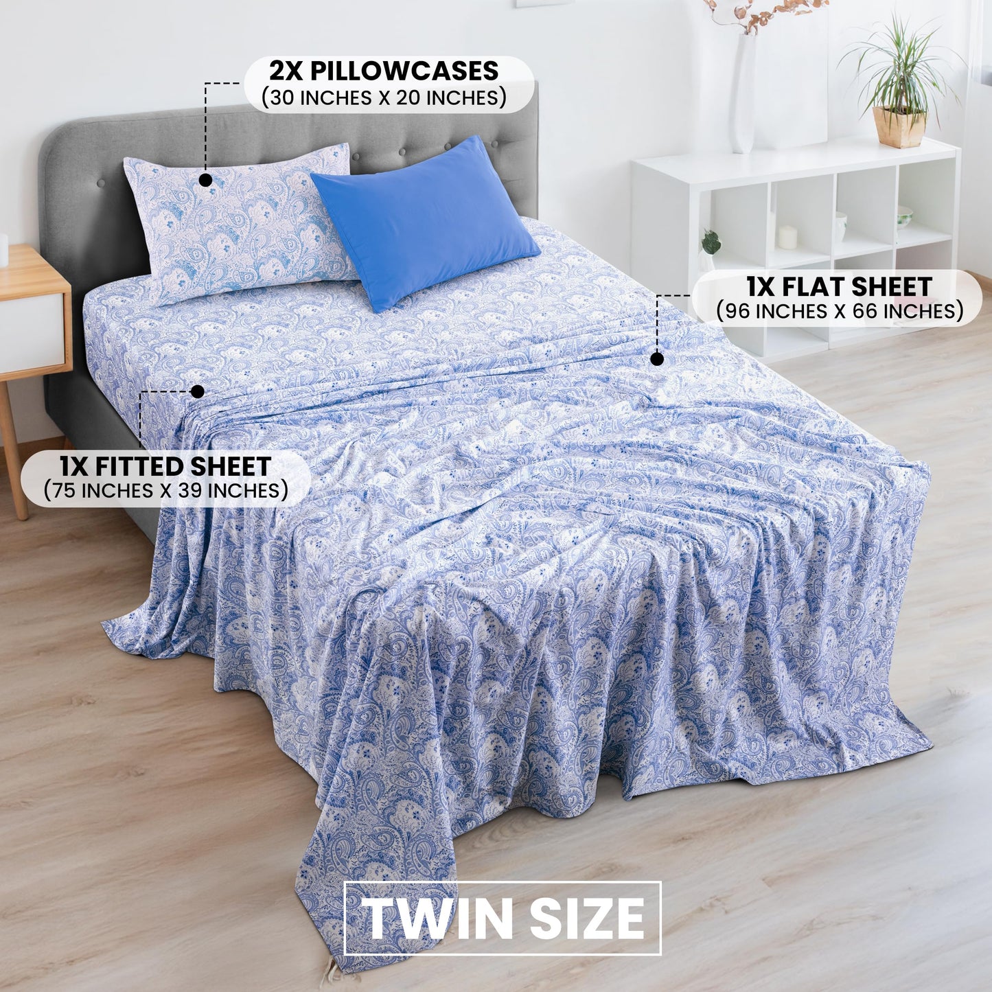 Ultra Soft Wrinkle-Free Microfiber Paisley Twin Sheet Set, Cute Floral Pattern Boho Print – 16" Deep Pocket Fitted Sheet, Flat Sheet & 2 Pillowcases, Breathable, OEKO-TEX - White/Blue