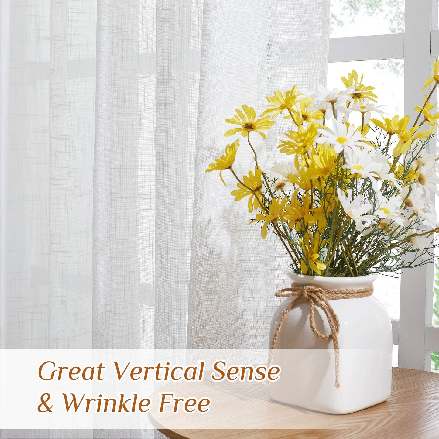 NICETOWN White Linen Sheer Curtains and Drapes 84 inches Long, Rod Pocket & Back Tab semitransparent with Light Through Vertical Window Treatments for Sliding Glass Door & Living Room, 52"W, Set of 2