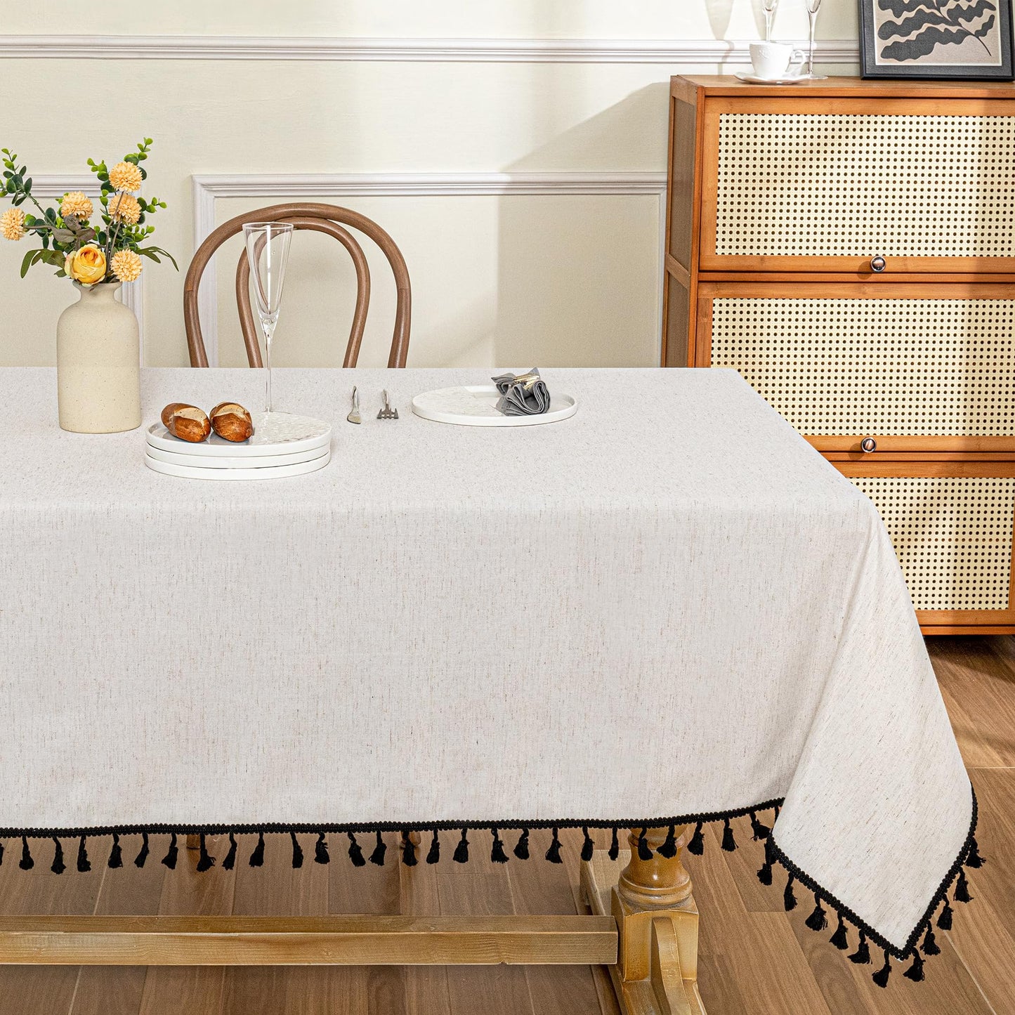 MYSKY HOME Table Cloth 60x84 in Rectangle Table, Cotton Tassel Linen Look Waterproof Tablecloths Farmhouse Tablecloth, Wrinkle Free Table Cover with Black Tassels for Kitchen Dining, Party