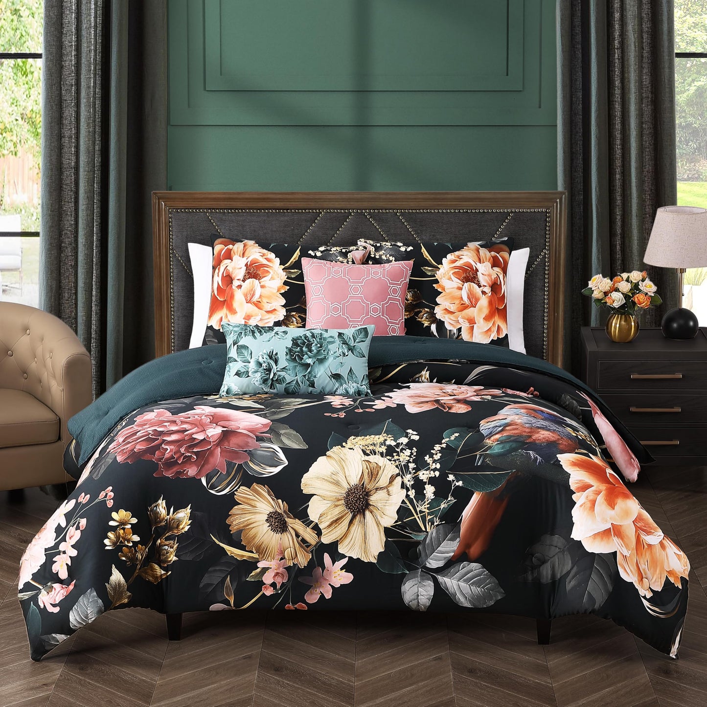 Bebejan Botanical Birds 5 Piece Comforter Set, 100% Cotton Sateen, 220 Thread Count, Black Reversible Bedding Comforter Set, 1 Comforter, 2 Shams & 2 Pillows (King/Cal King)