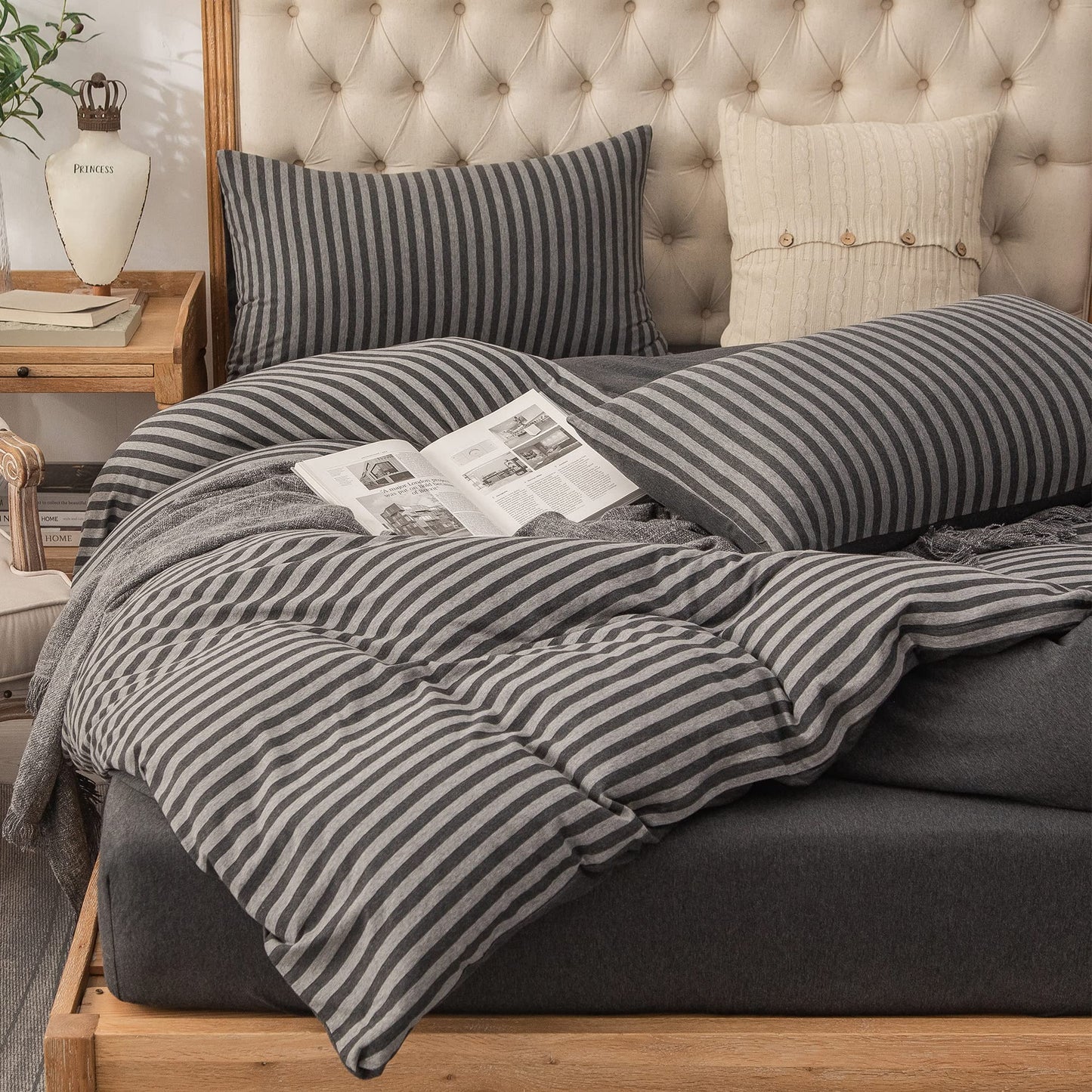 PURE ERA Jersey Knit Duvet Cover Set 100% T-Shirt Heather Cotton Super Soft Comfy Classic Striped Design, with Zipper Closure, Charcoal Dark Grey Stripe, King