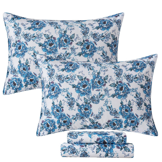 FADFAY King Sheets Set 100% Cotton, Cottagecore Blue and White Floral Bedding 4-Piece Set, Vintage French Country Rose Farmhouse Bedding, Deep Pocket Soft & Breathable Collection for All Seasons
