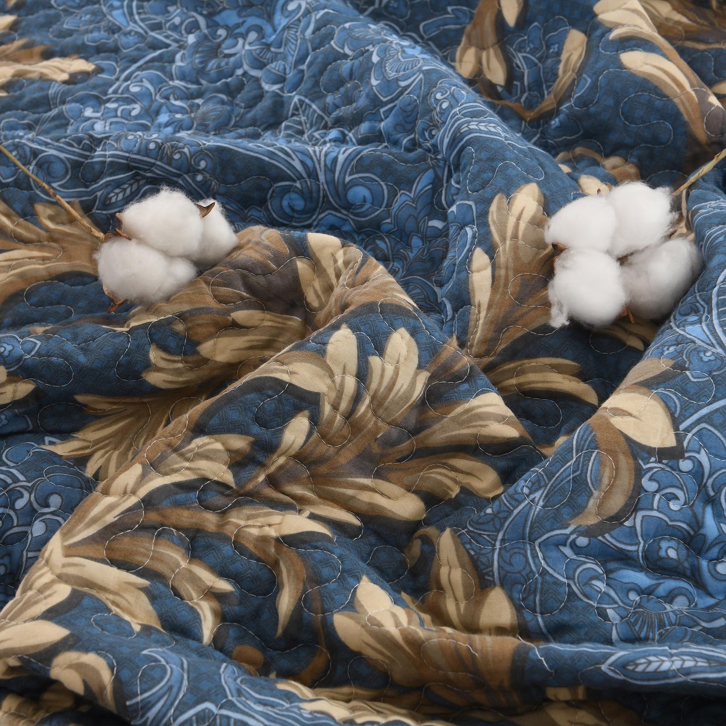 BCOTTOND King Size Quilt Set - Blue and Brown Quilt King, 100% Cotton Damask Bedspread Set 3 Piece, Classic Elegant Lightweight Comforter, Reversible Quilt Bedding Set for All Season