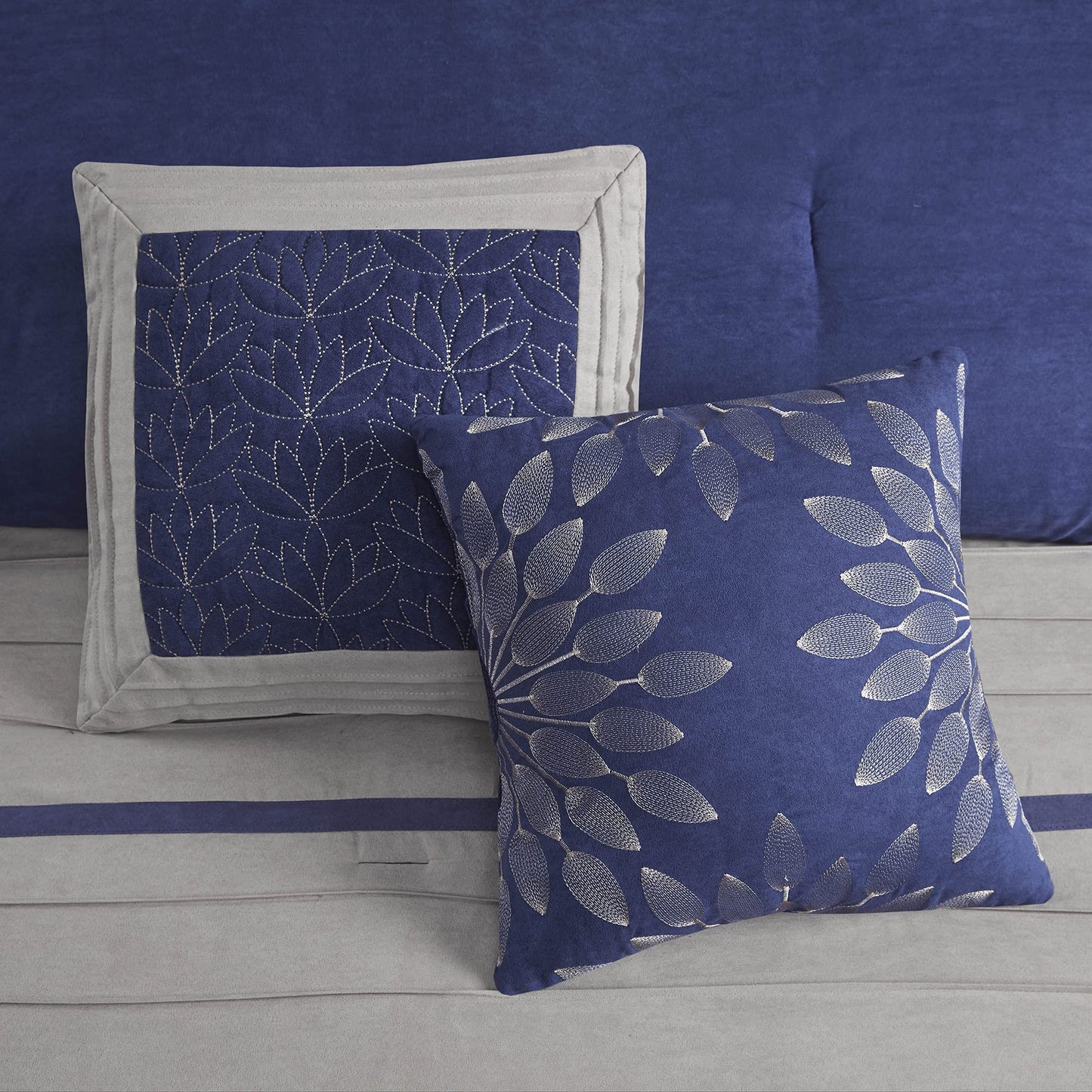 Madison Park Palmer Comforter Set-Luxury Faux Suede Design, Striped Accent, All Season Down Alternative Bedding, Matching Shams, Decorative Pillow, Bed Skirt, Queen (90 in x 90 in), Blue 7 Piece
