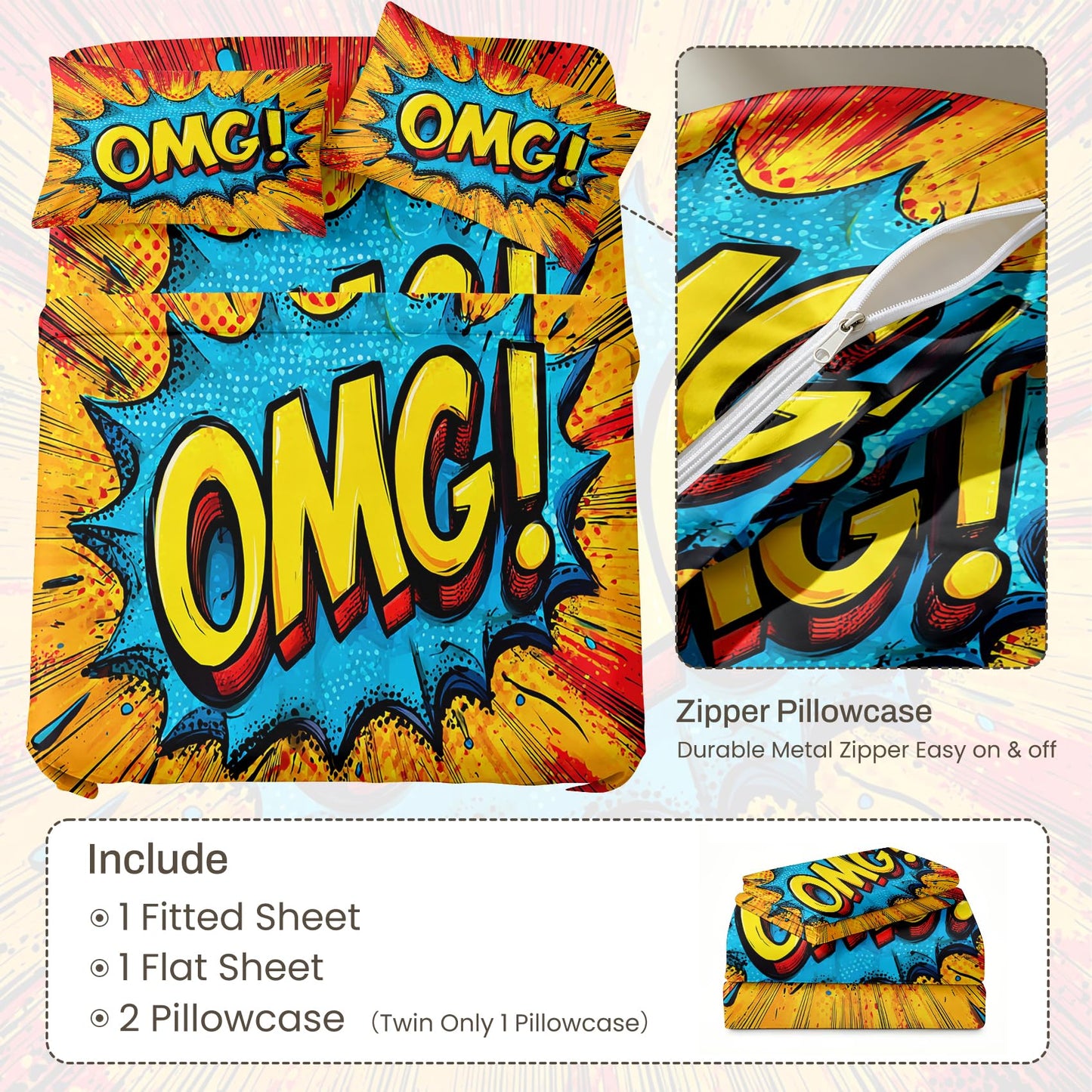 Kids OMG Sheet Set, 4 Pcs Queen Size Pop Art Bed Sheets