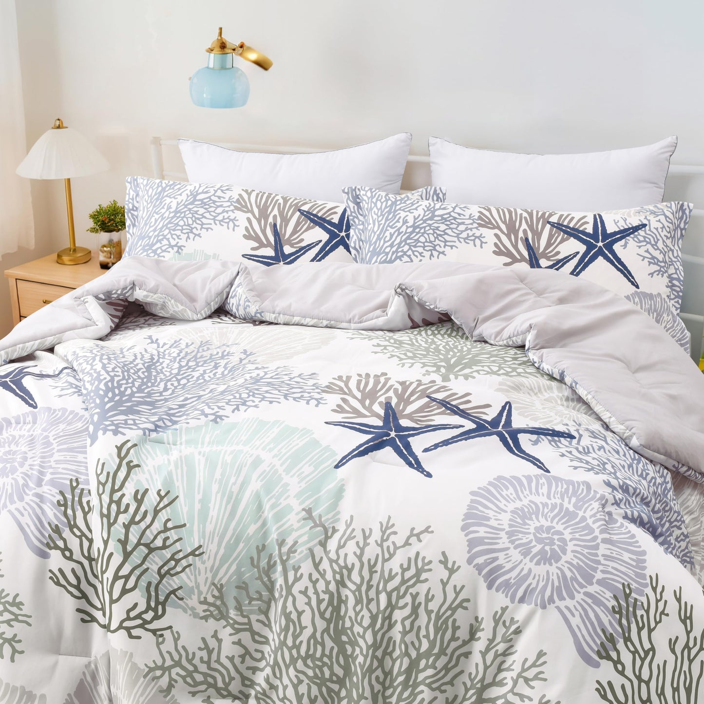 Tritard Coastal Comforter Set King Size 3 Piece, Soft Beach Themed Comforter, Ocean Nautical Lightweight Bedding Sets for All Seasons, (1 Reversible Comforter and 2 Pillow Shams), 104''x90'', C2