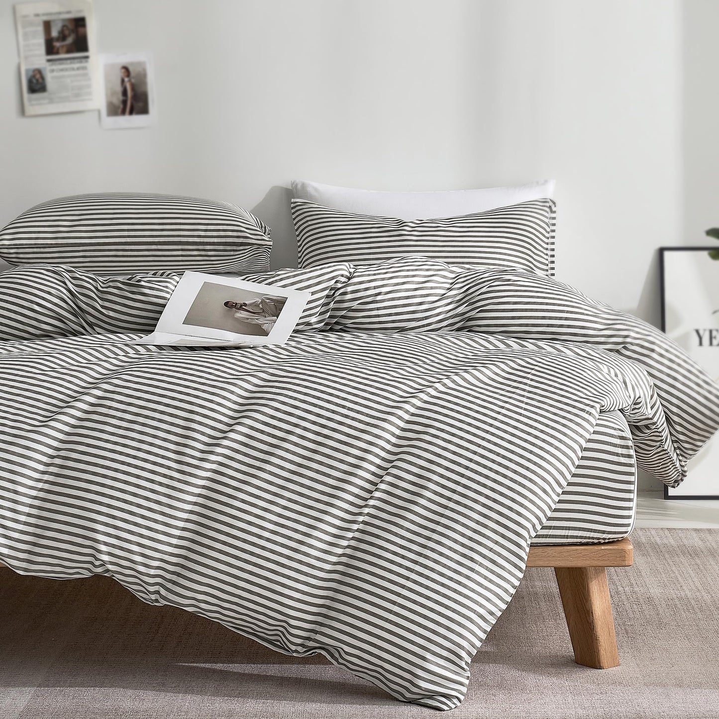 JELLYMONI 100% Natural Cotton 3pcs Striped Duvet Cover Sets,White Duvet Cover with Grey Stripes Pattern Printed Comforter Cover,with Zipper Closure & Corner Ties(Queen Size)