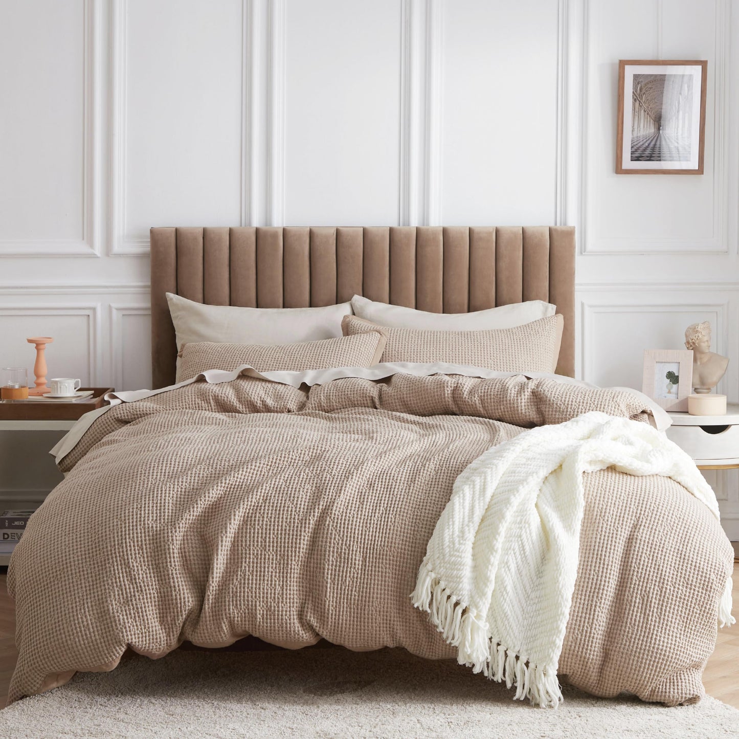 Bedsure 100% Cotton Duvet Cover Queen Size with Fitted Sheet - 4 Pieces Khaki Waffle Weave Duvet Covers, PureWowen Breathable Bedding Set Includes 1 Duvet Cover 90x90, 1 Fitted Sheet, 2 Pillow Shams