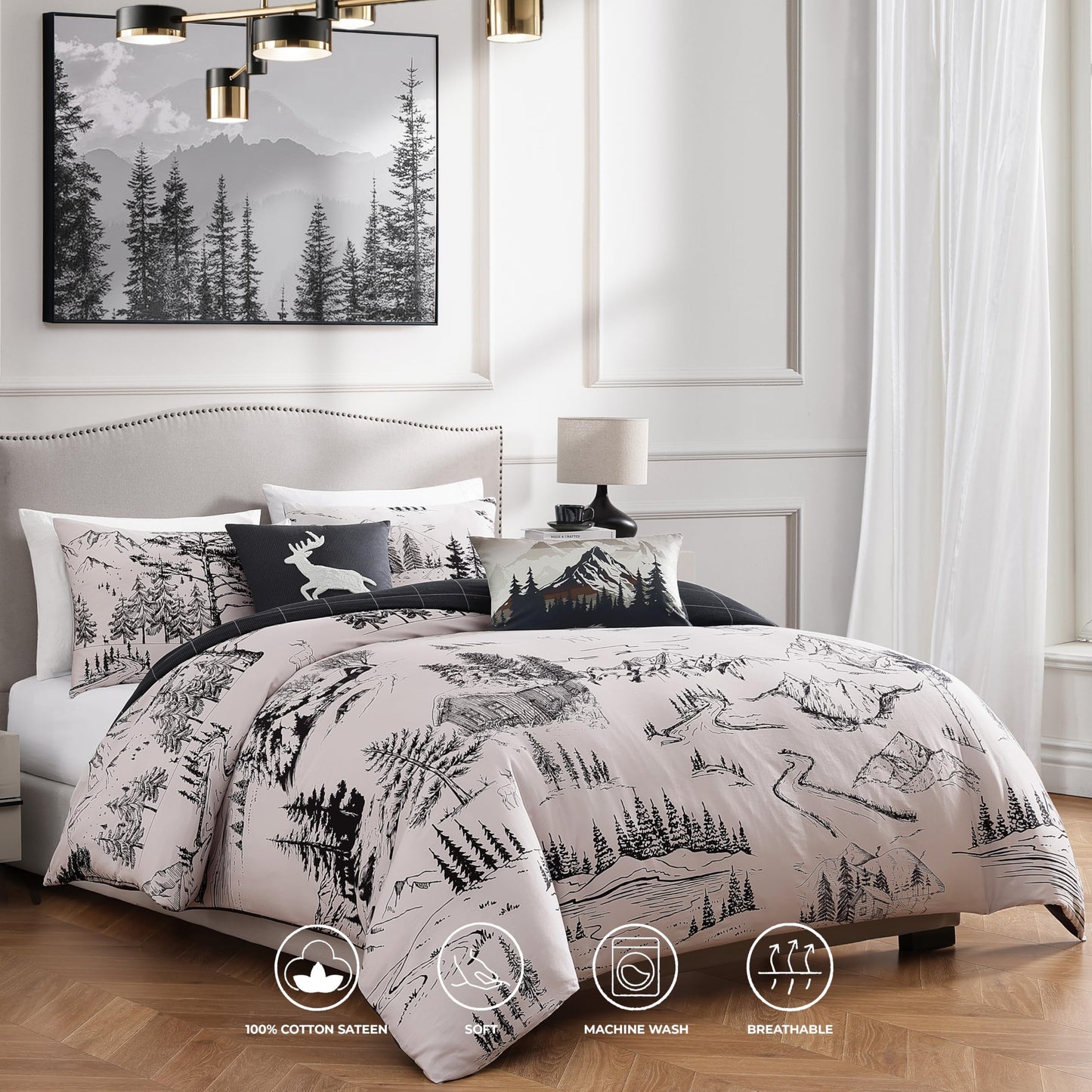 Bebejan Rocky Mountains 5 Piece Comforter Set, 100% Cotton Sateen, 220 Thread Count, Ivory Reversible Bedding Comforter Set, 1 Comforter, 2 Shams & 2 Pillows (King/Cal King)