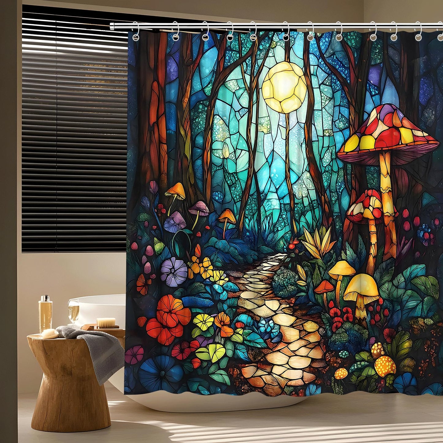 Fantasy Forest Shower Curtain Stained Glass Fairy Garden Mushroom Full Moon Wonderland Wood Tale Tree Magical Spring Floral Bath Curtain Fabric Bathroom Accessories Decor with Hooks (70.00"LX70.00"W)