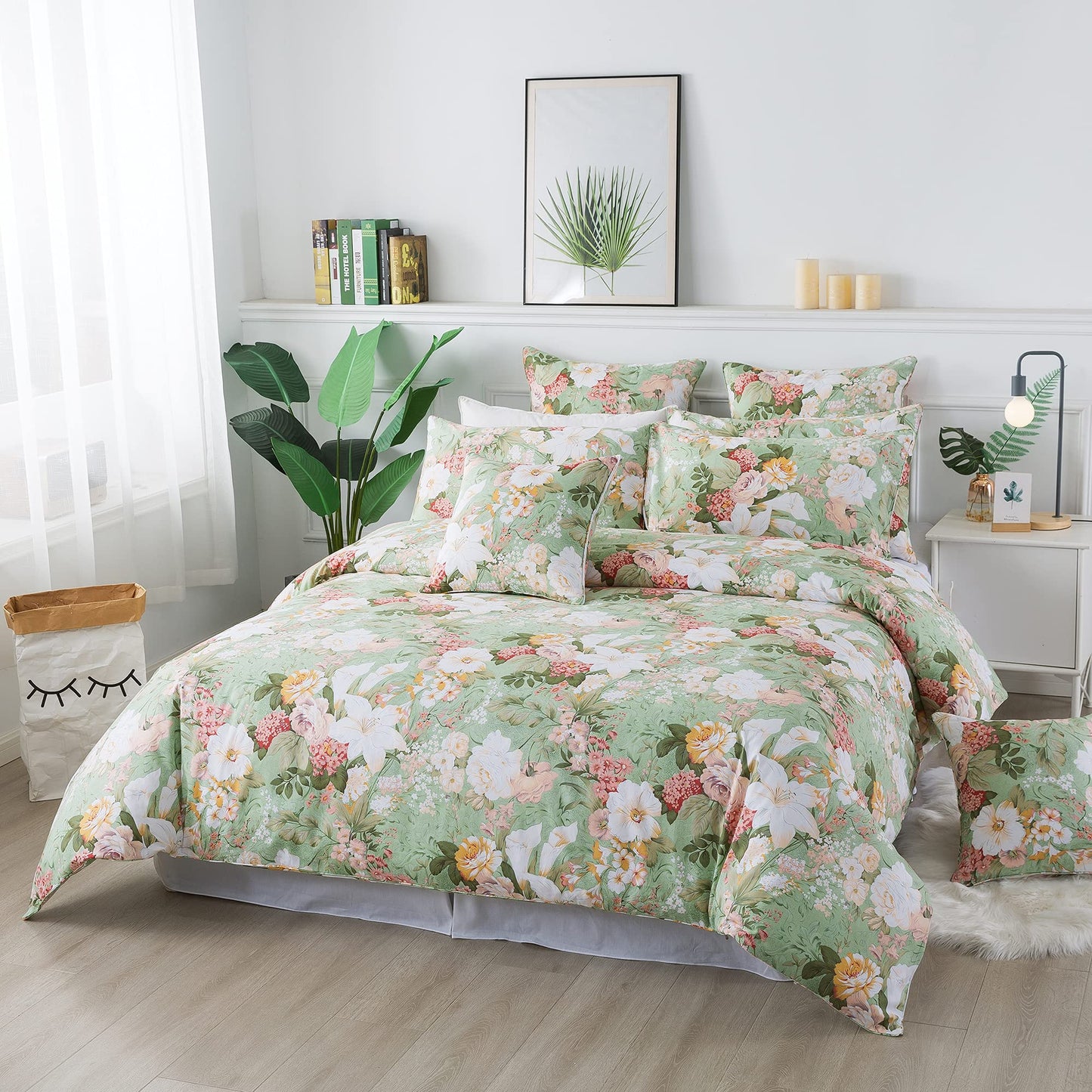 FADFAY Floral Duvet Cover Set Full 100% Cotton Girls Bedding 600 TC Mint Green and White Flower Elegant Lily Printed Comforter Cover Zipper Corner Ties Soft Bed Cover 3 Pcs
