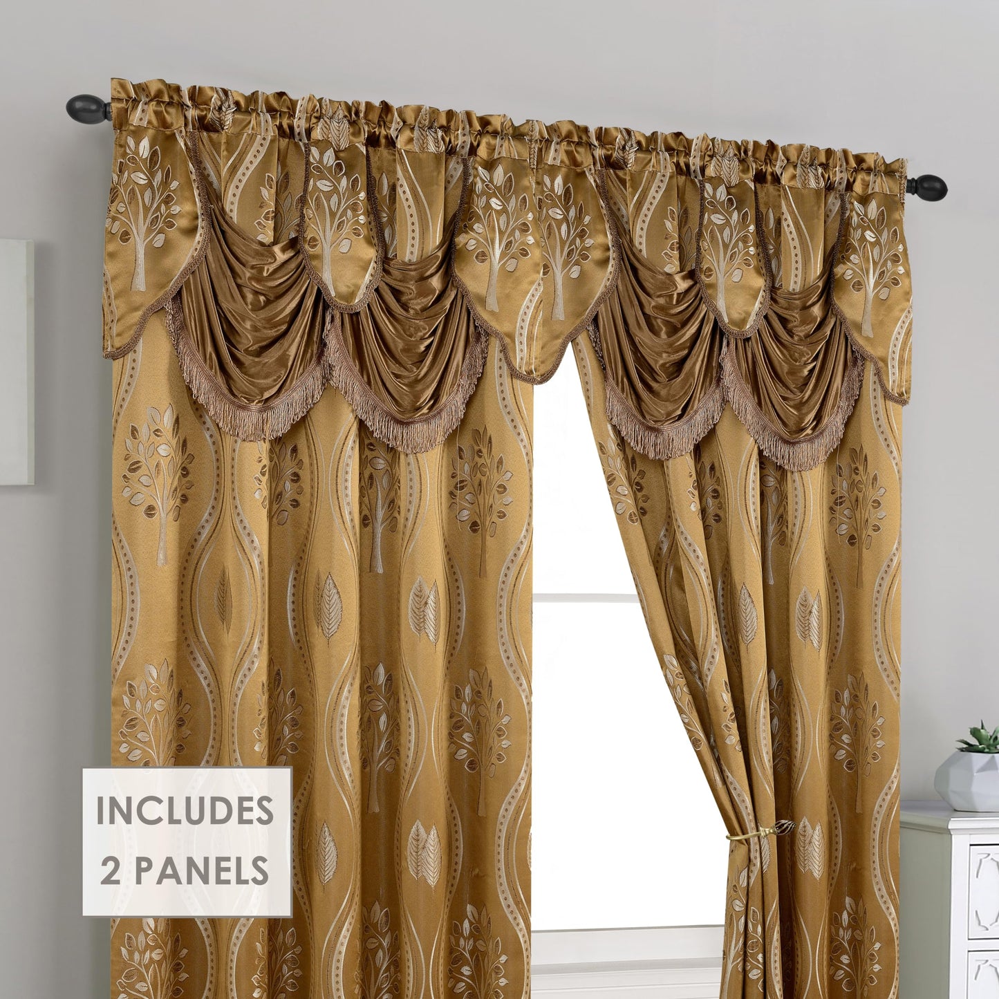 Elegant Comfort Aurora Jacquard Look Curtain Panel Set with Attached Valance 54" X 84 inch (Set of 2), Taupe