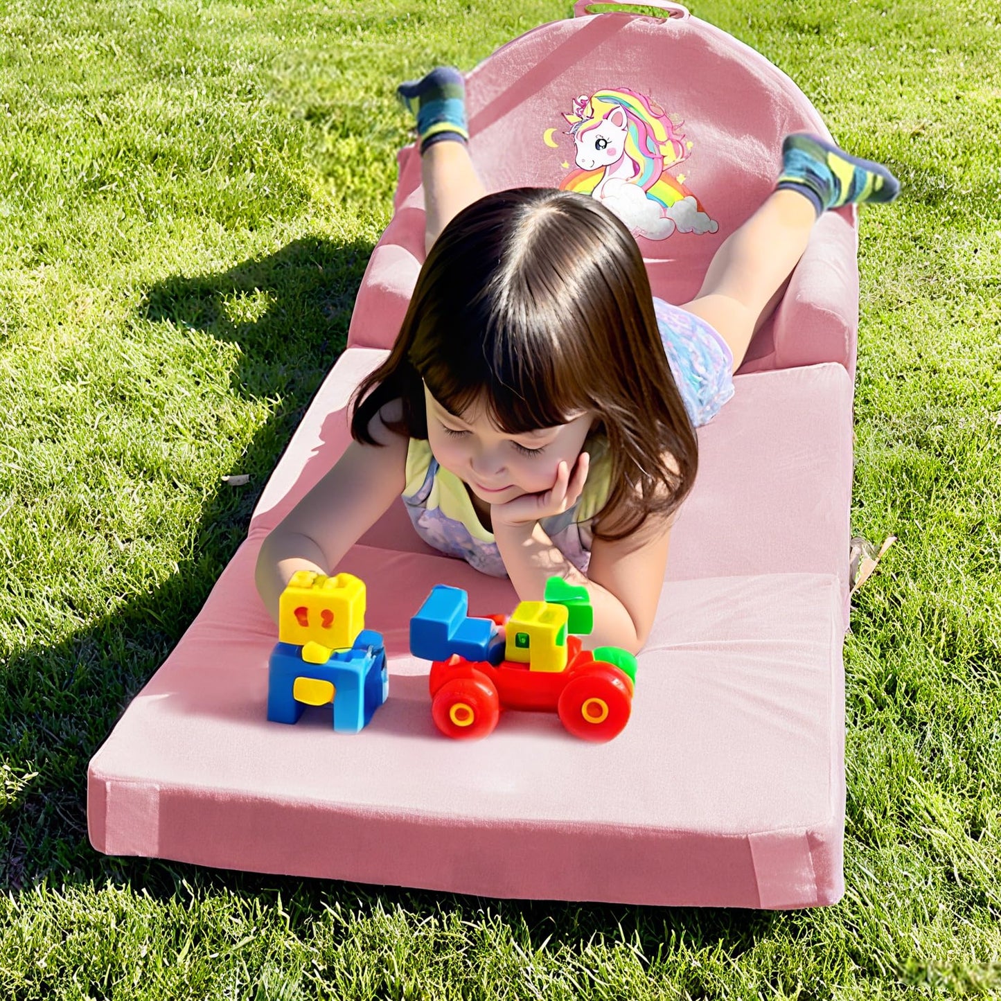 ORWIPO Unicorn Kids Sofa Bed with Removable Washable Cover & Hook and Loop Backrest – Foldable Toddler Chair, Cozy Crystal Velvet Furniture for Playtime, Naps & Travel (Pink, Unicorn Design)