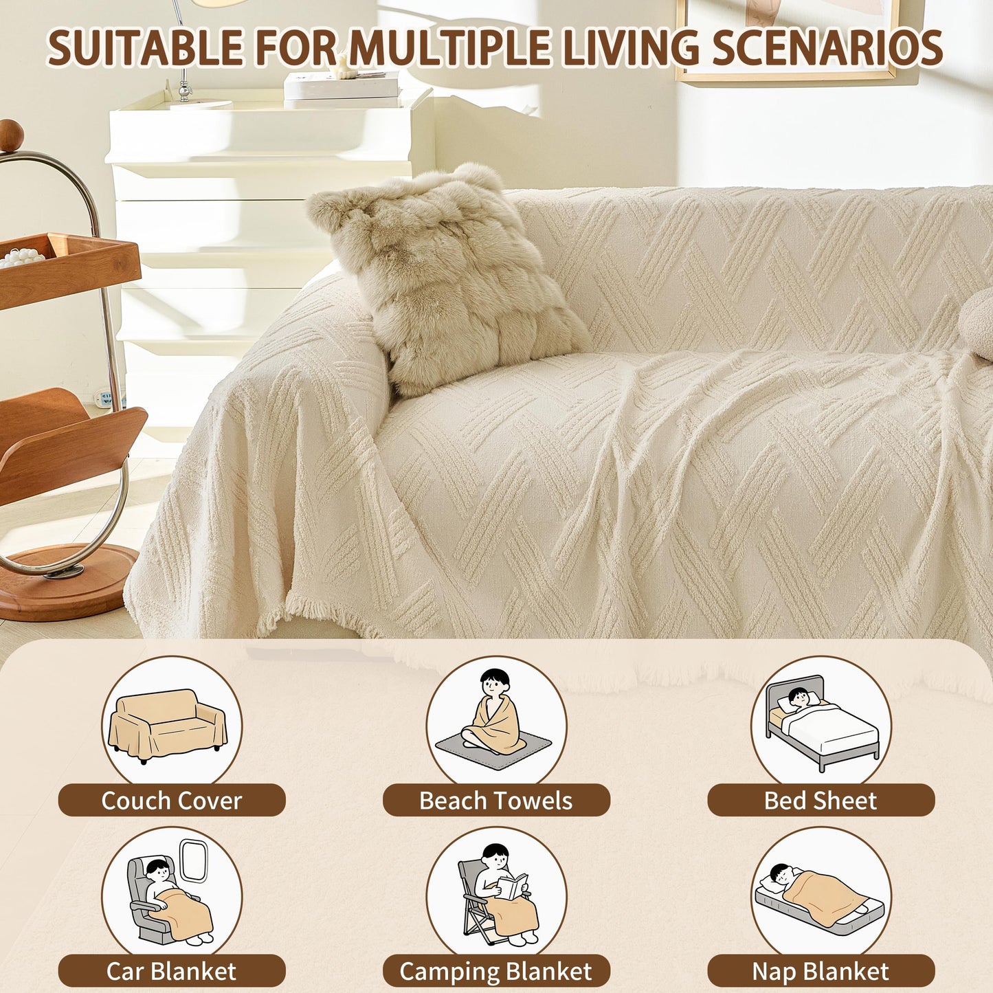 KaviKon Couch Covers for Dogs, Sofa Covers for 3 Cushion Couch, Plush Couch Blanket Cover Sectional Washable, Sofa Slipcover Protector, Slip Covers for Sofas High Weight Warm, Chevron Cream, 71" ×118"