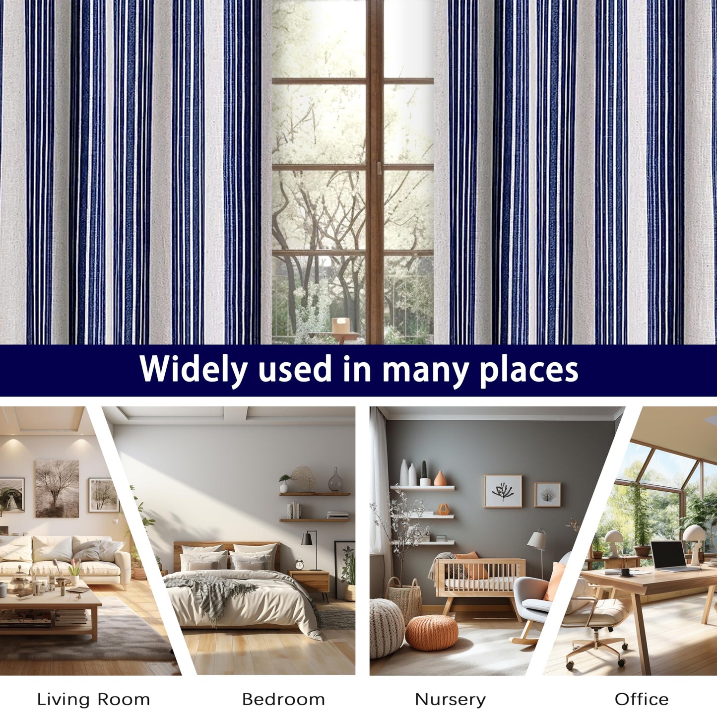 DriftAway Chris Linen Blackout Curtains with Thermal and Sound Reducing Layer 84 Inches Long for Bedroom Striped Printed Drapes Thermal Insulated Lined Window Treatments for Living Room Dark Blue