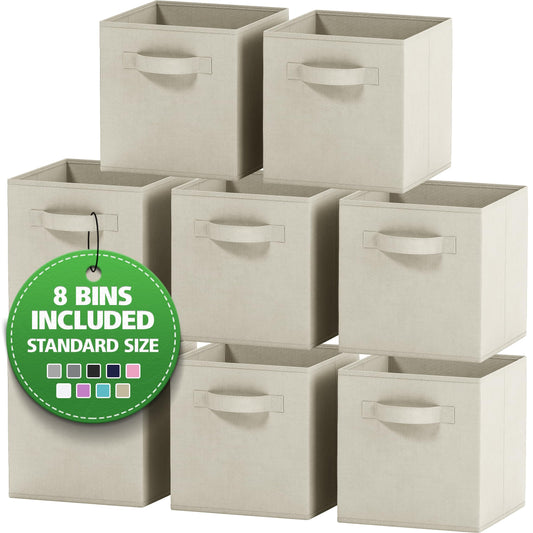Royexe Set of 8 Foldable Fabric Storage Cube Bins | Collapsible Cloth Organizer Baskets Containers | Folding Nursery Closet Drawer | Features Dual Handles | More Beautiful Colors Available (Beige)