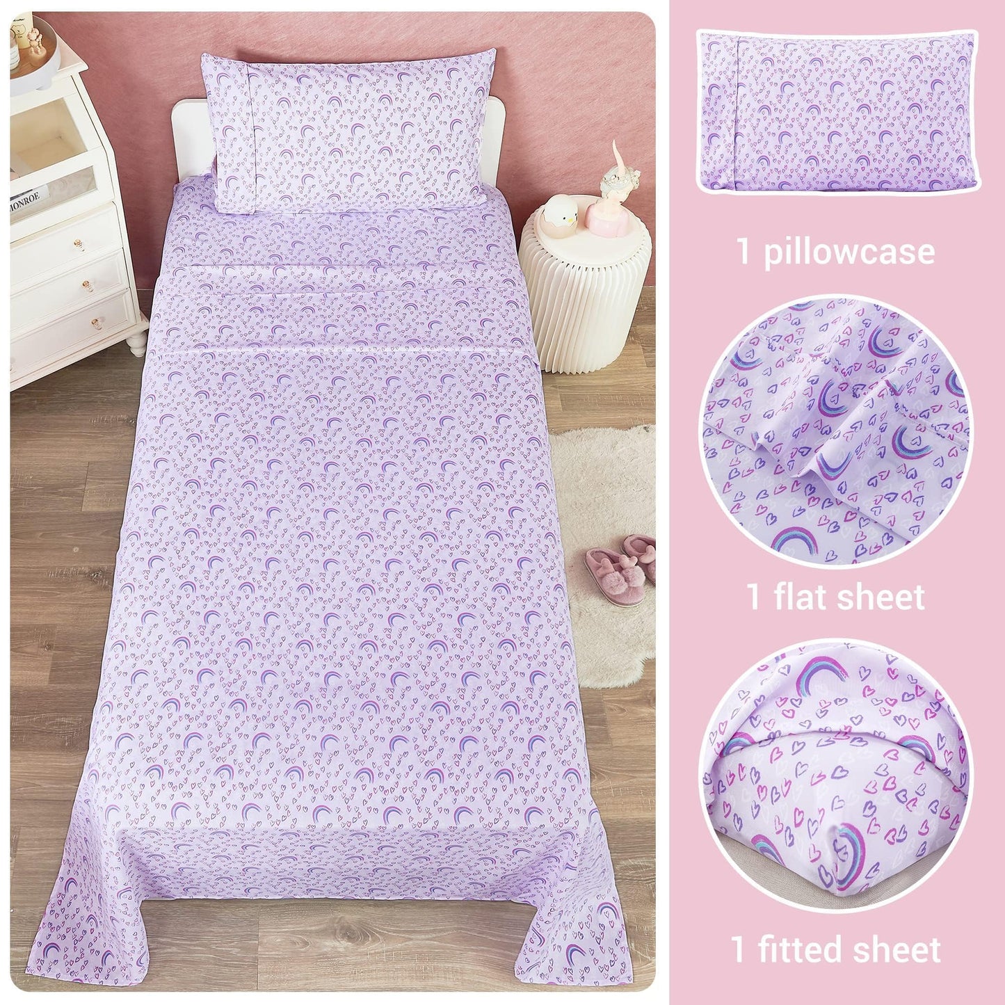 Softan Kids Bed Sheet Set, 3-Piece Twin Sheets Set, Microfiber Fitted Sheet with 15 Inches Deep Pocket and Corner Straps, Breathable & Silky Soft Purple Love Rainbow Pattern Sheet and Pillowcase Sets
