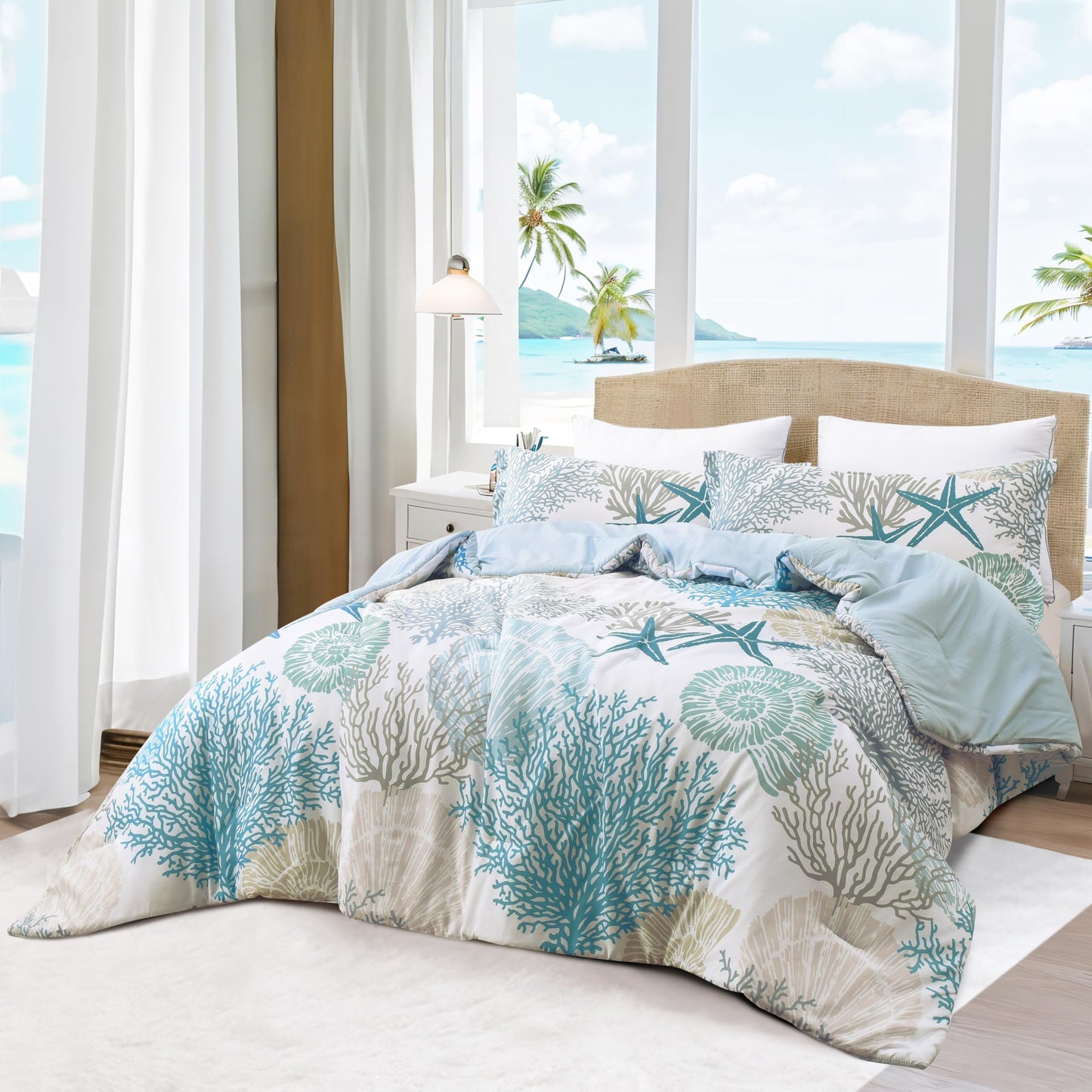 Tritard Coastal Comforter Set King Size 3 Piece, Soft Beach Themed Comforter, Ocean Nautical Lightweight Bedding Sets for All Seasons, (1 Reversible Comforter and 2 Pillow Shams), 104''x90'', C1