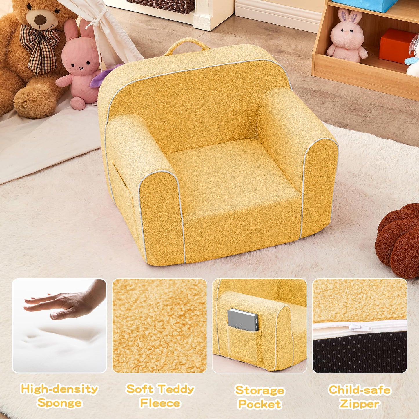 DAICO Ultra-Soft Foam Kids Sofa Chair, Cozy Toddler Bean Bag Chair with Armrests for Boys and Girls, Teddy Lazy Sofa Couch for Reading & Playing, Yellow, Small