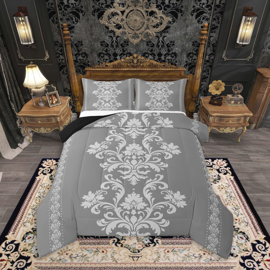 jejeloiu Queen Size White Grey Damask Print Bedding Set for Kids Boys Girls Gothic Vintage Comforter Set Jacquard Floral Duvet Quilt Bedroom Decor Soft Lightweight Microfiber 3Pcs