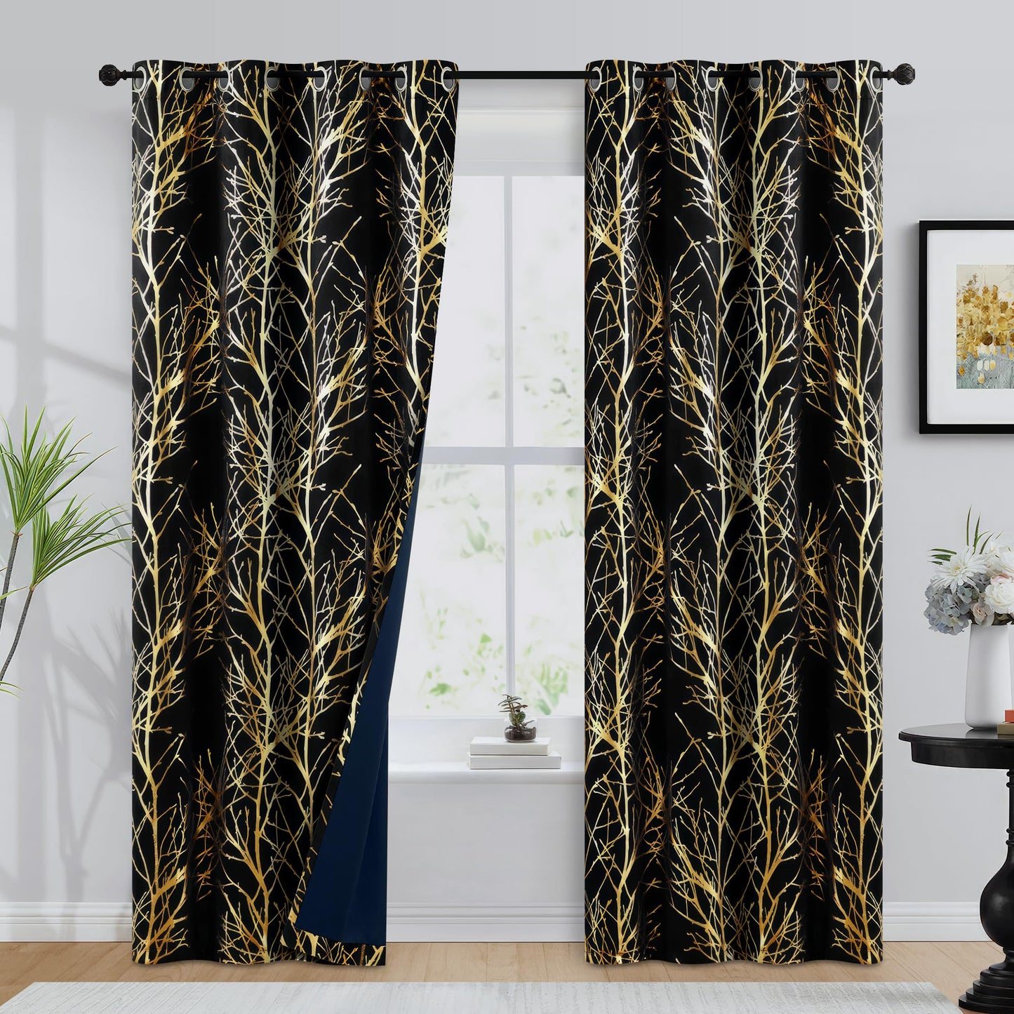 FMFUNCTEX 100% Blackout Curtains for Bedroom, Gold Foil on Black Curtains 84 Inches Long Curtains for Living Room, Metallic Tree Branch Print Drapes, Thermal Insulated Curtain Grommet Top 2 Panels