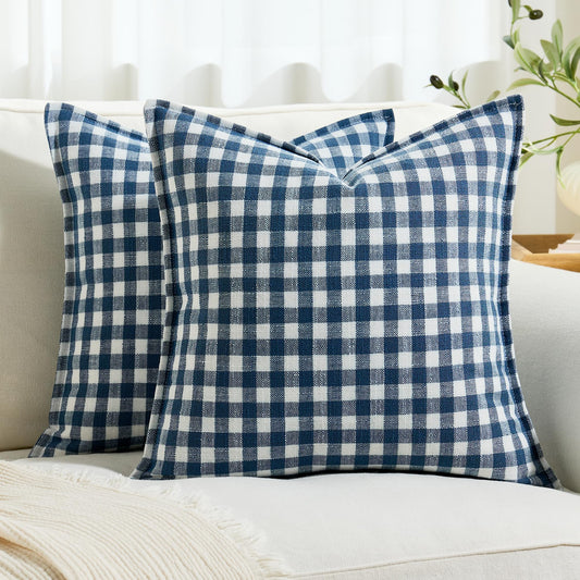 KINDREX Farmhouse Gingham Throw Pillow Covers 22x22 Set of 2, Small Checkered Linen-Textured Cushion Covers with Flanged Edges, Decorative Outdoor Pillowcases for Couch Sofa Living Room,Dusty Blue