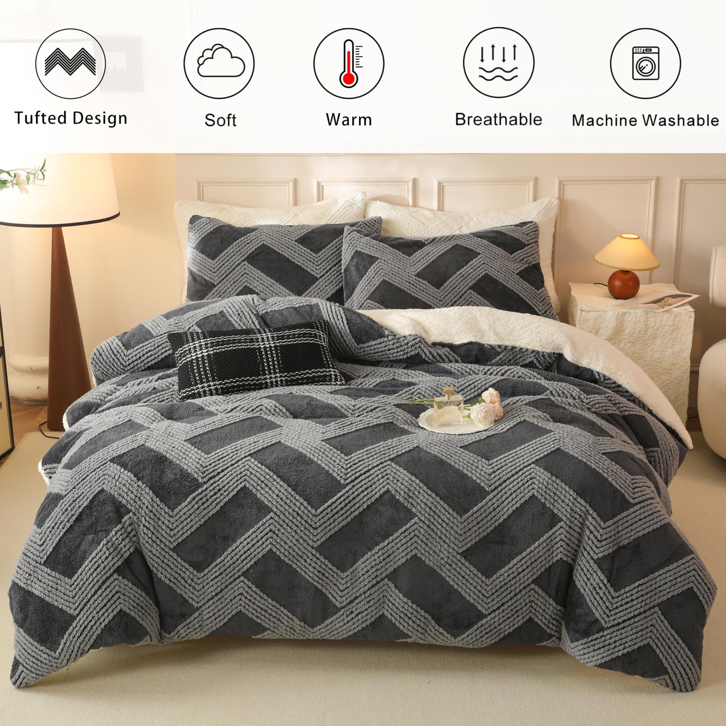 tohrisa Tufted Boho Comforter Set King - Grey Fluffy Sherpa Bedding Set, Soft Fuzzy Jacquard Quilt Set, 3 Pieces Cozy Bed Set Warm Comforter for Winter(104"X90")