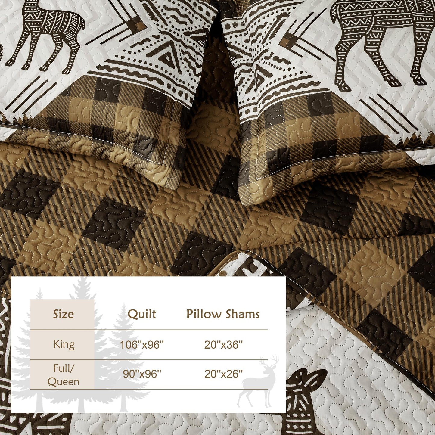 3 Piece Cabin Full/Queen Quilt Sets Farmhouse Rustic Reversible Microfiber Soft Lightweight Bedspread Comforter with 2 Shams Patchwork Country Lodge Bedding Quilts Set for All Season, 90''x96'', Brown