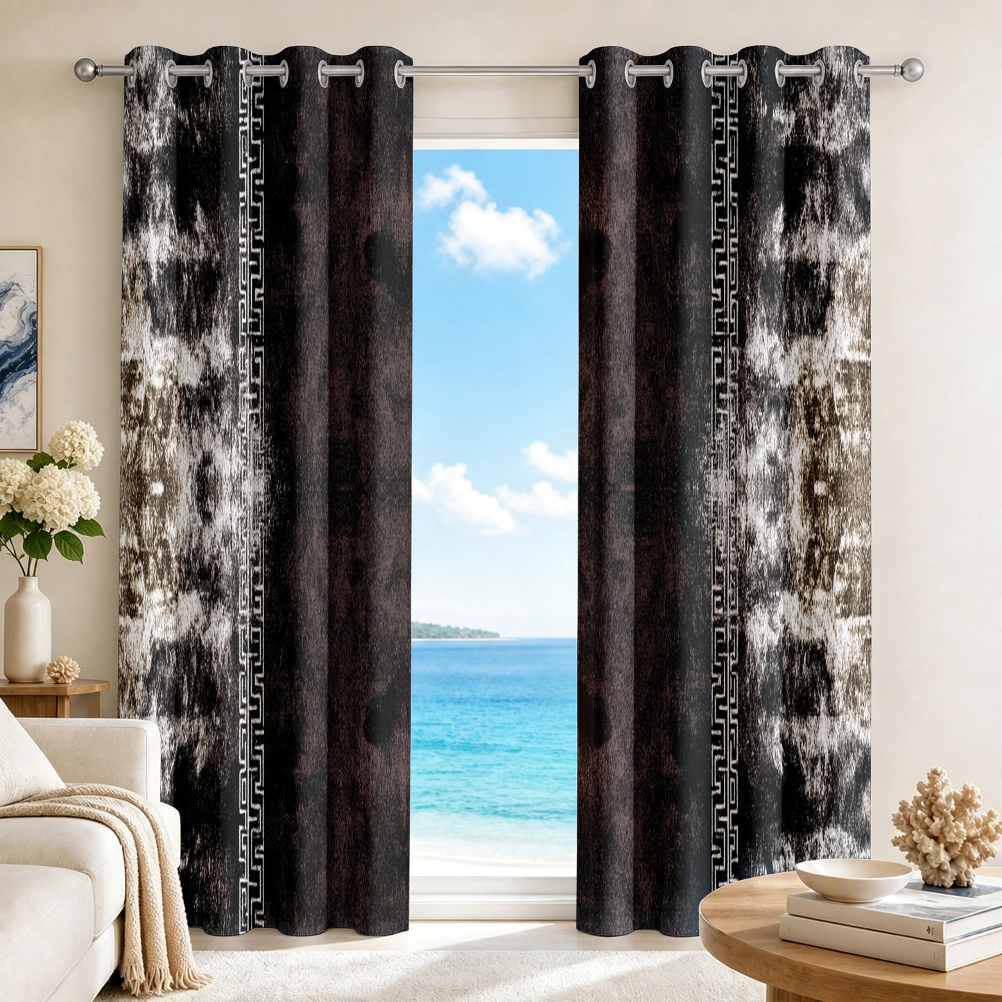 Aquailis Abstract Curtains Blackout for Living Room, Brown Black Modern Luxury Greek Key Bedroom Curtains 63 Inches Long, Thermal Insulated Room Darkening Grommet Patterned Drapes for Windows