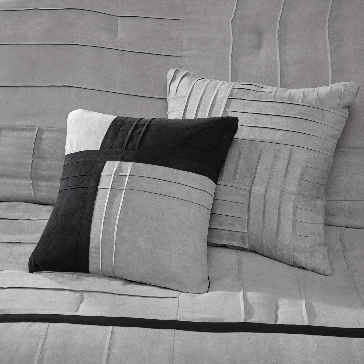 Madison Park Cozy Comforter Set Casual Blocks Design All Season, Matching Bed Skirt, Decorative Pillows, Queen(90"x90"), Dune Suede, Black Grey, 7 Piece